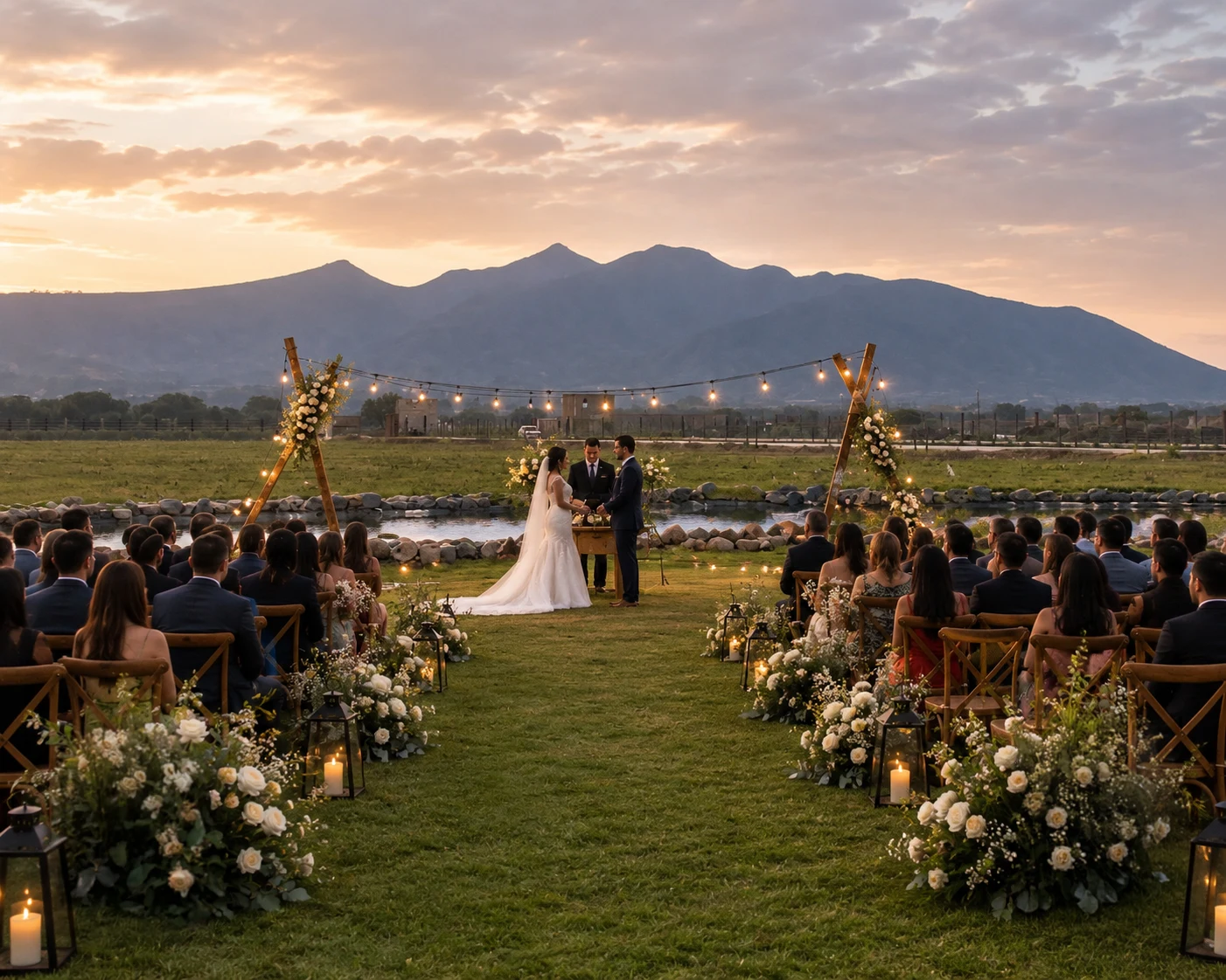 Celebración de una boda al atardecer con las montañas al fondo